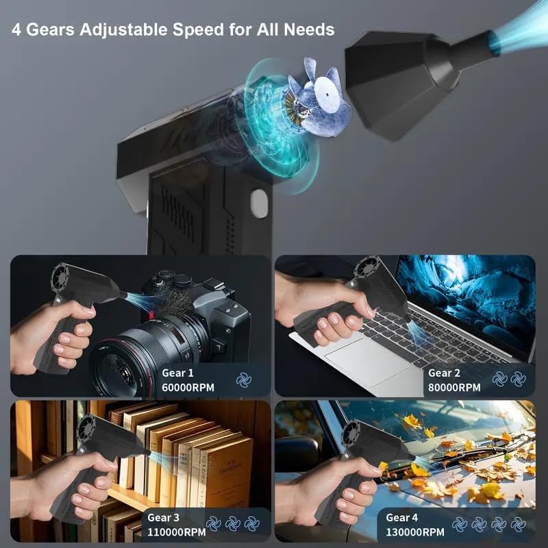 Compressed Air Duster Kit 130,000 RPM Electric Air Duster 4-Gear Adjustable Cordless Air Blower Rechargeable for Computer, Keyboard, House, Outdoor and Car