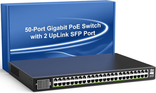 48-Port Gigabit PoE Switch Unmanaged with 2X 1000Mbps Uplink SFP Port, VIMIN 50-Port PoE Ethernet Switch Support IEEE802.3af/at, 400W Power, 100Gbps Switch Capacity，Plug and Play, Rack-Mount