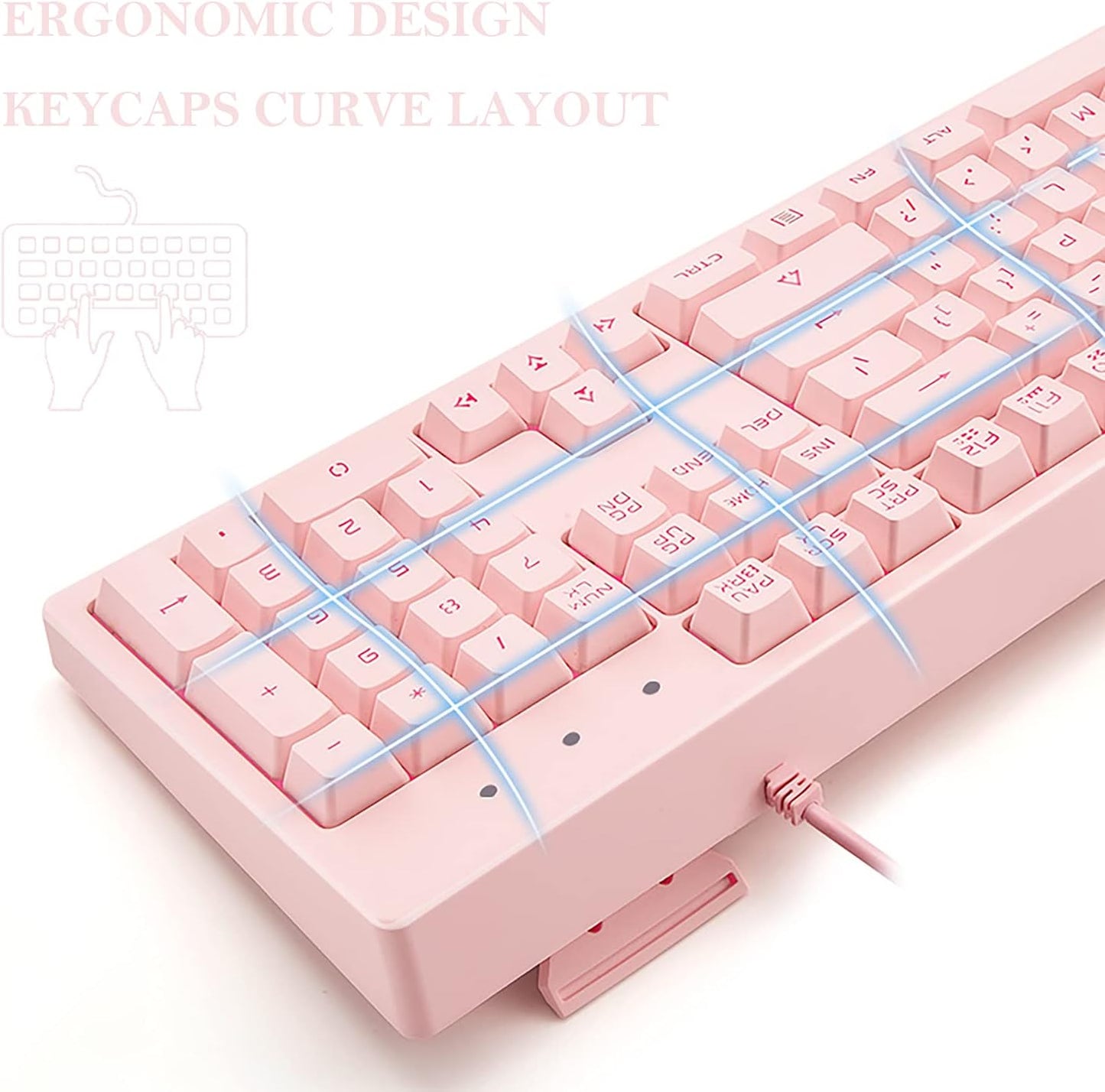 Basaltech Pink Keyboard with 7-Color LED Backlit, 104 Keys Quiet Silent Light Up Keyboards, 19-Key Anti-Ghosting Cheap Gaming Keyboard Mechanical Feeling Waterproof Wired USB for Computer, Mac, Laptop