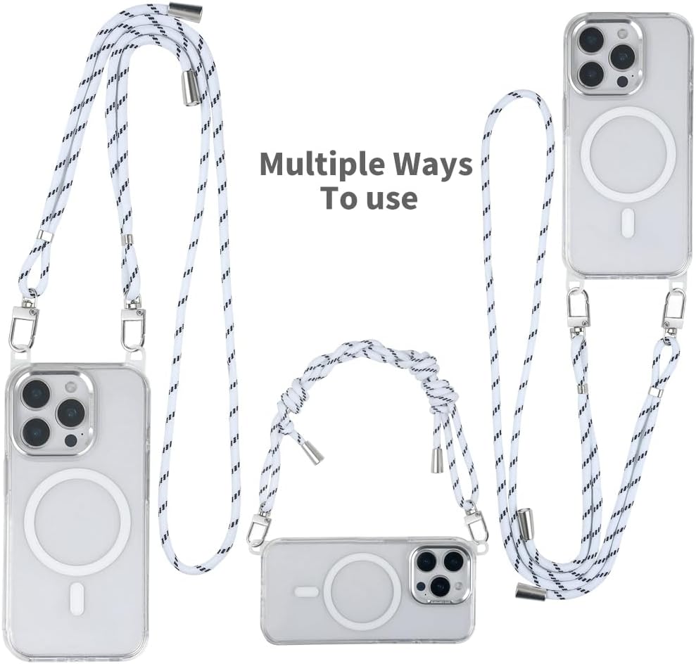 for iPhone 15 Pro Case with 62.99 inch Lanyard, Classic Clear&White Magnetic Phone Case, Drop&Shockproof Protection Cases, Phone Lanyard for Around The Neck, Compatible with Magnet Accessory