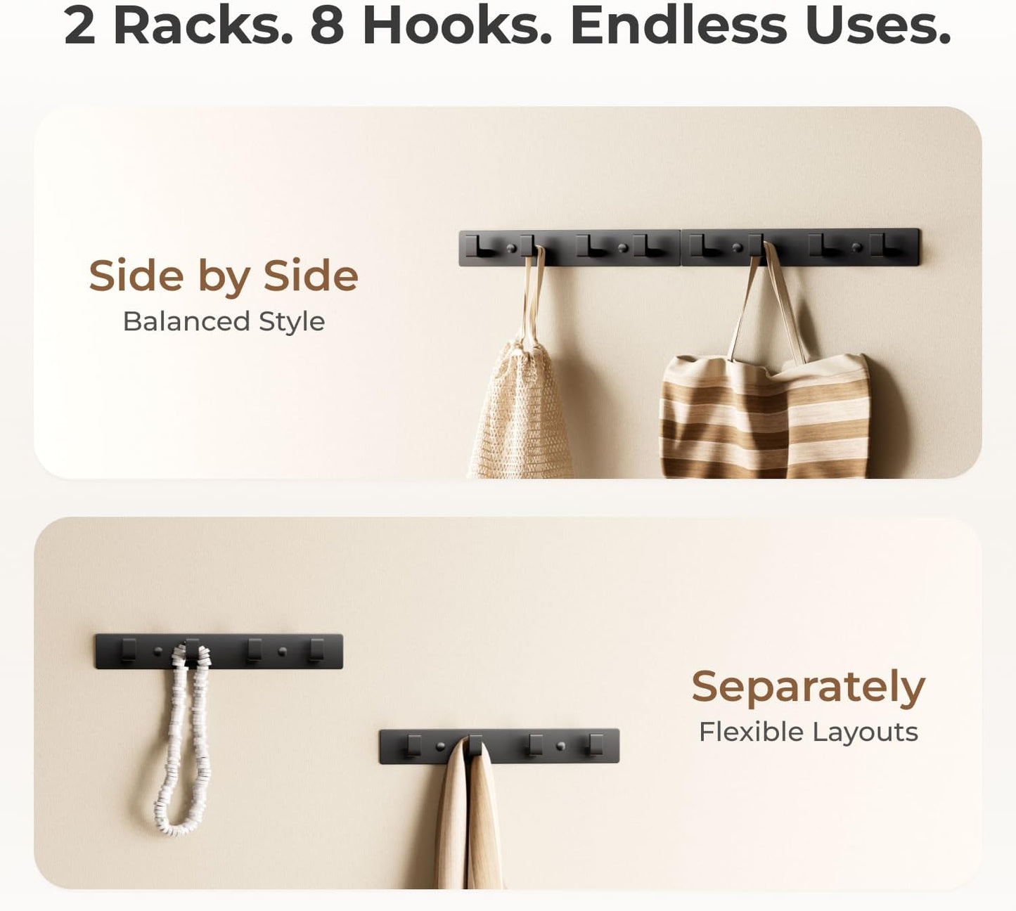 Black Wall Mounted Coat Rack- 2 Modular Rails (25'' Total), 8 Right-Angle Hooks, Modern Organizer for Entryway, Bathroom, Bedroom, Holds Coats, Towels, Hats