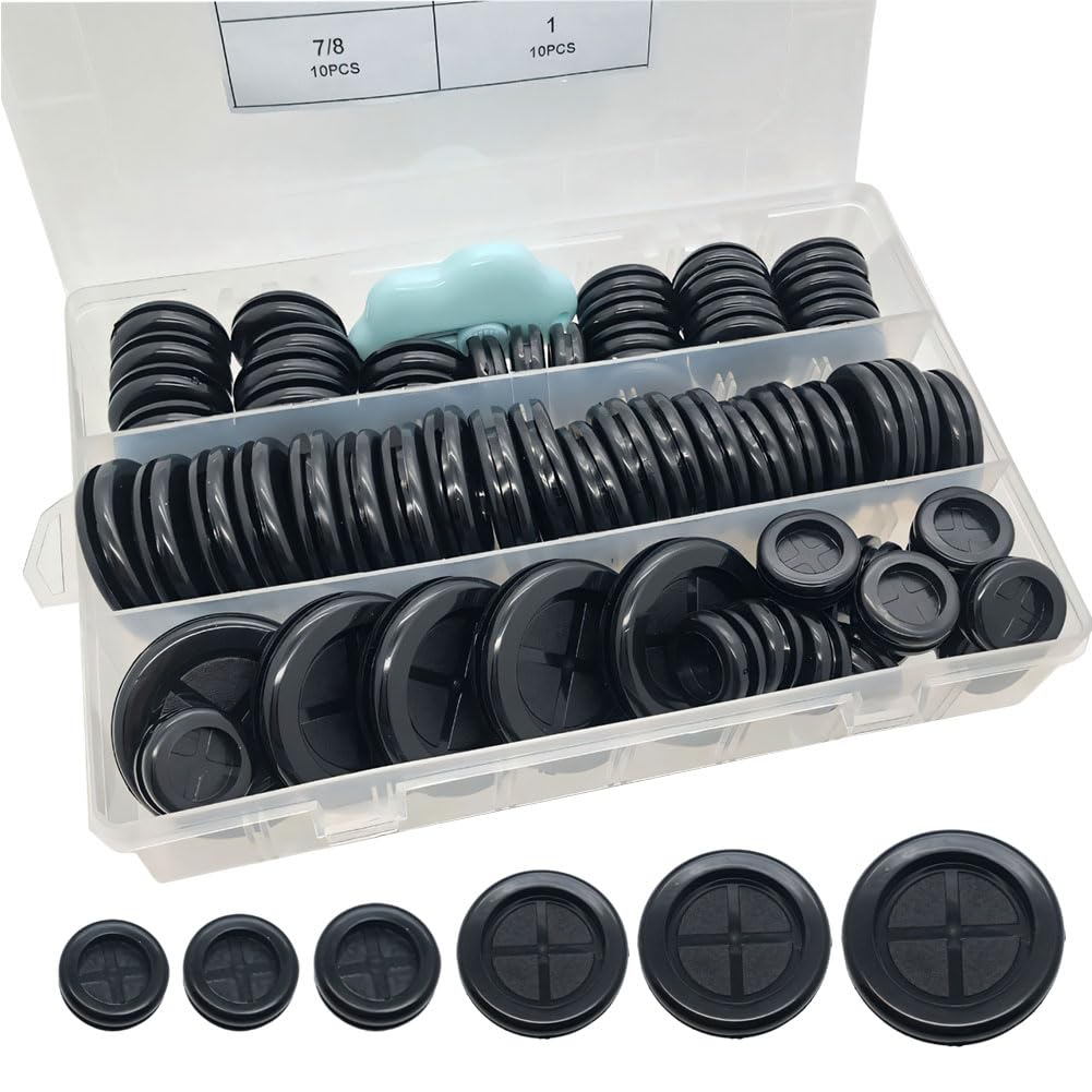 65Pcs Round Rubber Grommets kit 6 Sizes Double Sided Rubber Grommets for Wiring Automotive Rubber Firewall Hole Plug Cable Wire Protection with Retractable Knife(1-1/2" 1-3/16" 1" 7/8" 13/16" 5/8")