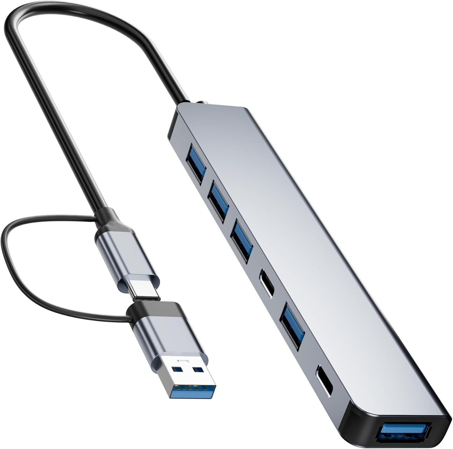Aluminum 7 in 1 USB C Hub with USB 3.0,7 Ports with 2* USB-C and 5* USB-A, Ultra Slim Portable USB Splitter Adapter for Laptop, PS4, Flash Drive, HDD, Xbox, Printer, Mouse, Keyboard