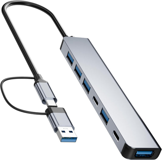 Aluminum 7 in 1 USB C Hub with USB 3.0,7 Ports with 2* USB-C and 5* USB-A, Ultra Slim Portable USB Splitter Adapter for Laptop, PS4, Flash Drive, HDD, Xbox, Printer, Mouse, Keyboard