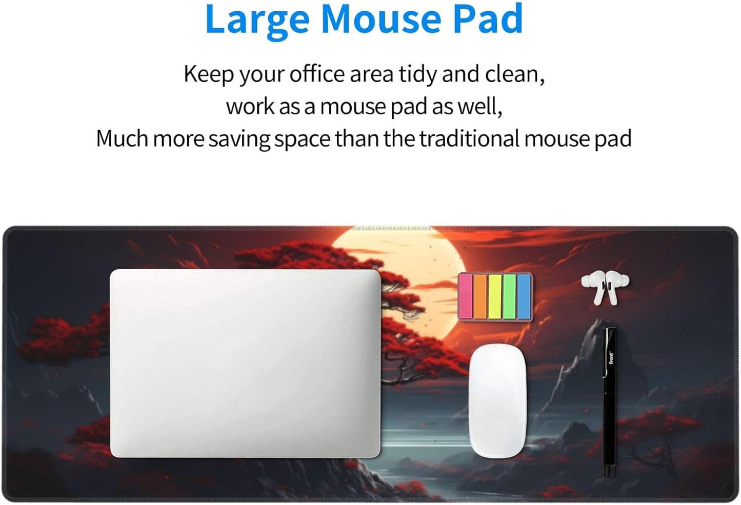 Darkness Red Moon Desk Mat Japanese Mouse Pad, Large Japanese Desk Mat, XL Anime Gaming Keyboard Mat, Non-Slip Rubber Base, Big Extended Desk Protector for Home Office, 31.5”x11.8”