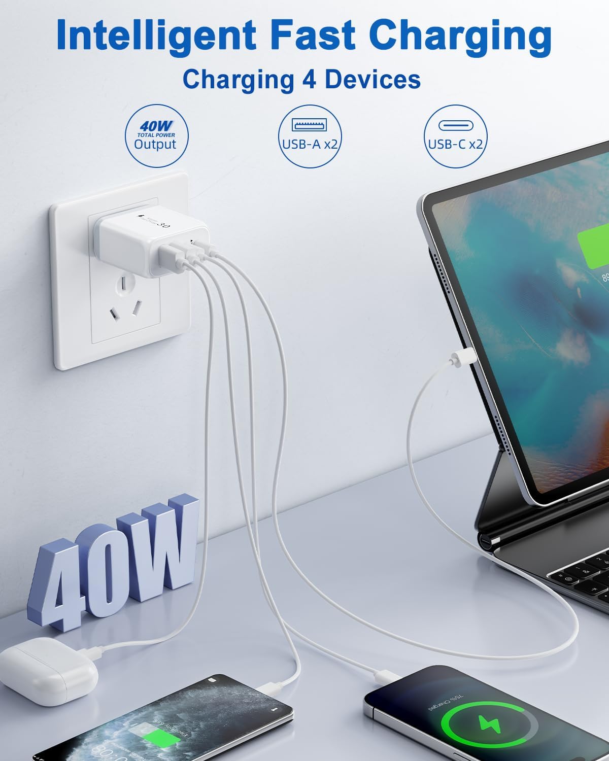 40W USB C Charger Block, 3 Pack 4-Ports Type C Fast Charging Cubes PD USBC Wall Plug+QC 3.0 USB A, Multiple USB C Charger for iPhone 16/15/14/13/12/11 Pro Max/XS, Samsung Galaxy, iPad, Tablet, Pixel