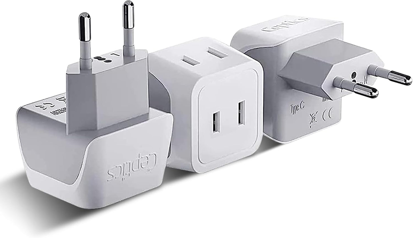Ceptics European Travel Plug Adapter Europe Power Adaptor Charger Dual Input - Ultra Compact - Light Weight - USA to any Type C Countries such as Italy, Iceland, Austria and More (CT-9C), white