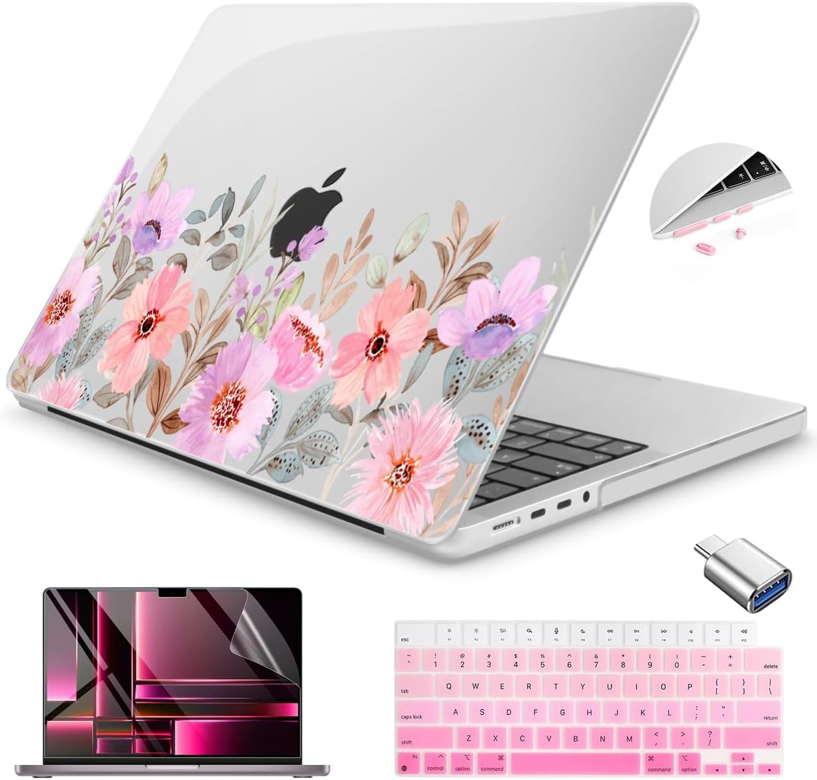 Teryeefi for 2024 2023 2021 MacBook Pro 14 inch Case M4/M3/M2/M1 (Model A3112 A3401 A3185 A2918 A2992 A2779 A2442), Plastic Hard Shell & Keyboard Cover & Type C Adapter - Pink Flower Garden-A