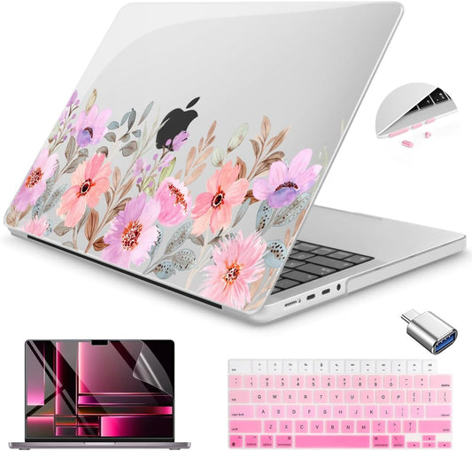 Teryeefi for 2024 2023 2021 MacBook Pro 14 inch Case M4/M3/M2/M1 (Model A3112 A3401 A3185 A2918 A2992 A2779 A2442), Plastic Hard Shell & Keyboard Cover & Type C Adapter - Pink Flower Garden-A