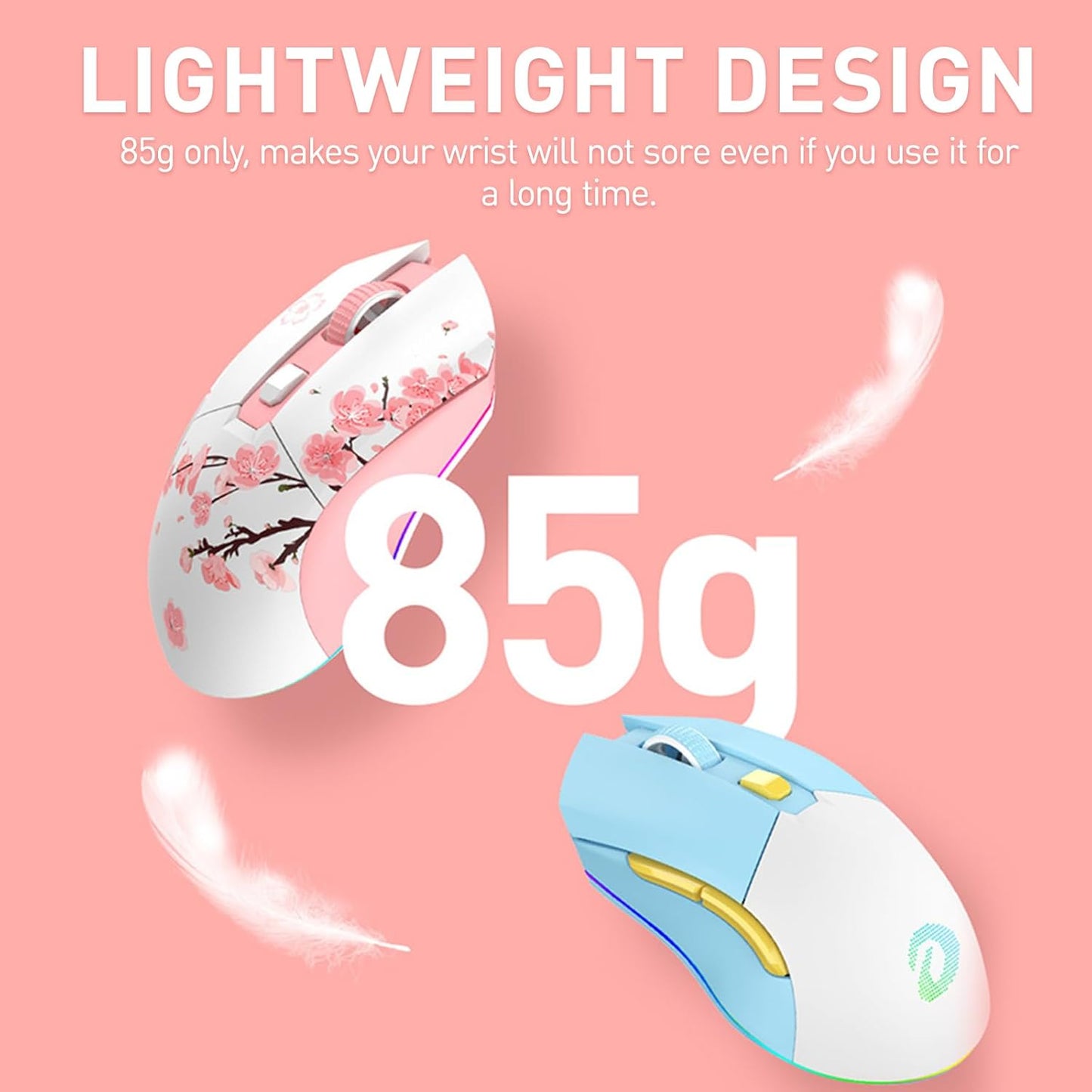 DAREU Sakura Pink Wireless Gaming Mouse with Charging Dock Rechargeable RGB,12K DPI,6 Programmable Buttons High-Precision Sensor [300IPS] [1000Hz] for PC Notebook Mac