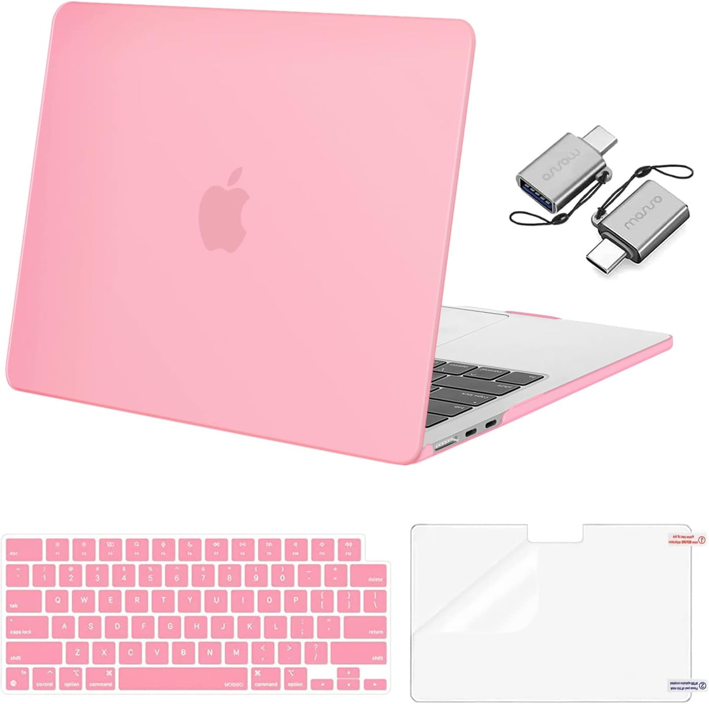 MOSISO Compatible with MacBook Air 13 inch Case 2025 2024 2023 2022 M4 A3240 M3 A3113 M2 A2681, Plastic Hard Shell&Keyboard Cover&Screen Film&Type C for MacBook Air 13.6 inch Case, Pink