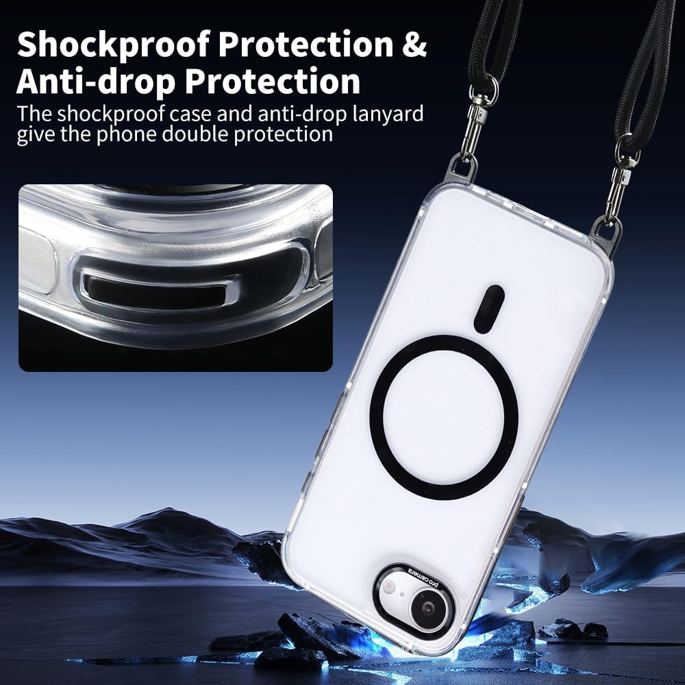 for iPhone 16e Case with Adjustable Phone Lanyard Strap, Compatible with MagSafe, Shockproof Military-Grade Protection, Magnetic Phone Case, Classic Clear Black Hybrid Case, Yellowing Resistant