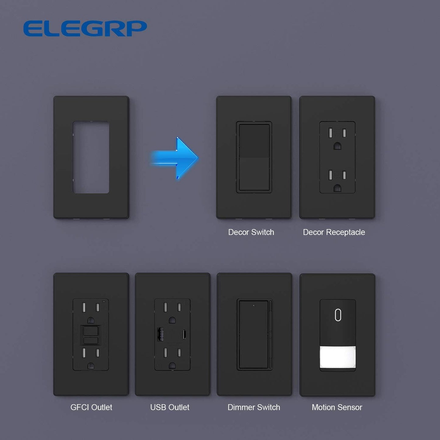 ELEGRP Matte Black 1-Gang Screwless Decorative Wall Plates, Standard Size Unbreakable Thermoplastic Faceplate Cover for Decorator Receptacle Outlet Switch, UL Listed (5 Pack)