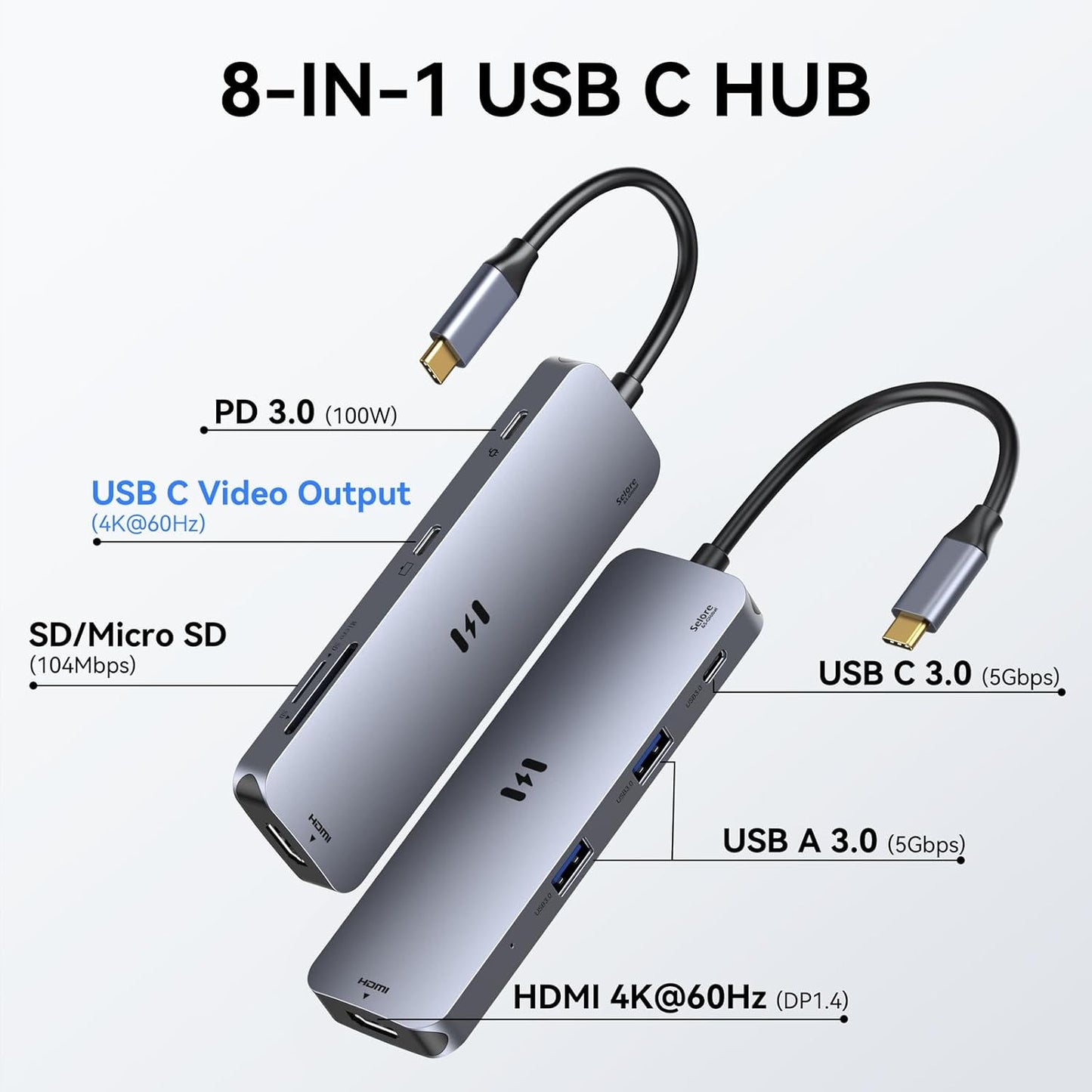 USB C Hub HDMI Adapter for MacBook Pro/Air, 8 in 1 USB C Video Hub with HDMI 4K@60Hz,SD/TF,USB C Data Port,100W PD,USB 3.0 USB CDongle Compatible for Dell XPS/Lenovo Thinkpad/HP/Surface/Yoga etc