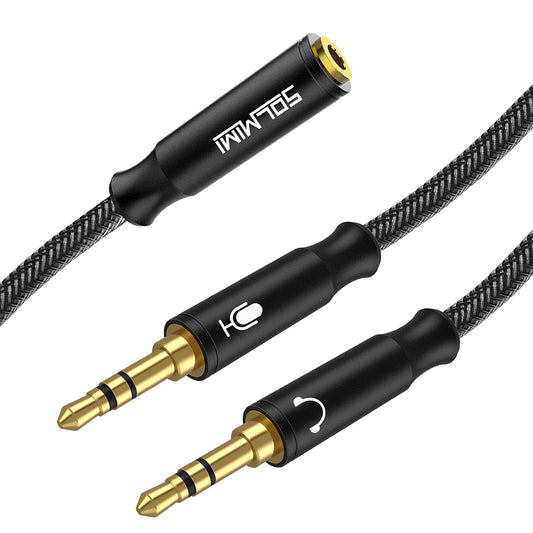 Headset Splitter Cable for PC 3.5mm Crystal-Nylon Braid Female to Dual 3.5mm TRS Male Headphone Mic Audio Y Splitter Cable CTIA Gaming Headset to PC Adapter - Matte Black 0.3M