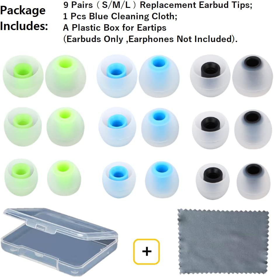 Earbuds Replacement Tips Silicone Earbud Tips Ear Gels Fit for Inner Hole from 3.8mm - 5.1mm Earphones 9 Pairs S/M/L