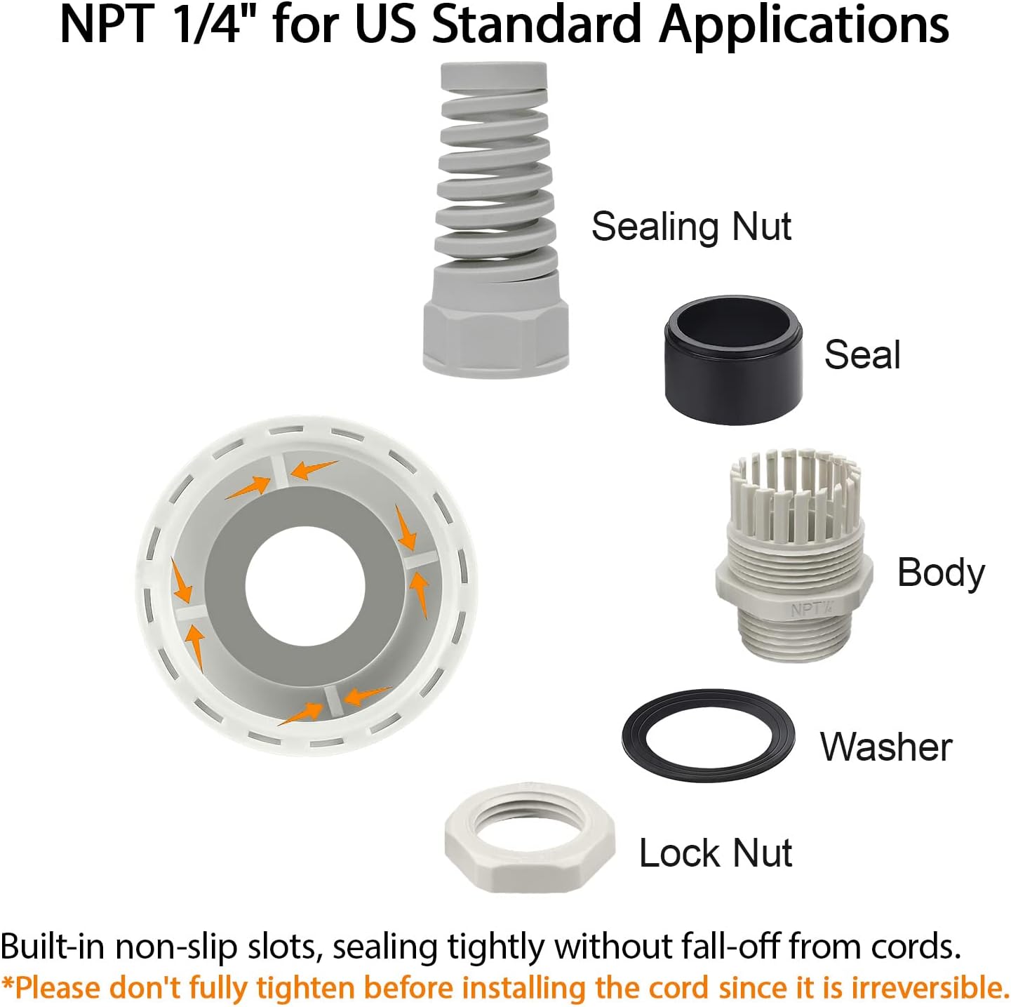 LeMotech 10Pcs NPT 1/4" IP68 Waterproof Cable Gland Flex Spiral Strain Relief Grey Nylon Joint with Gaskets for 4-8mm Wire Thread