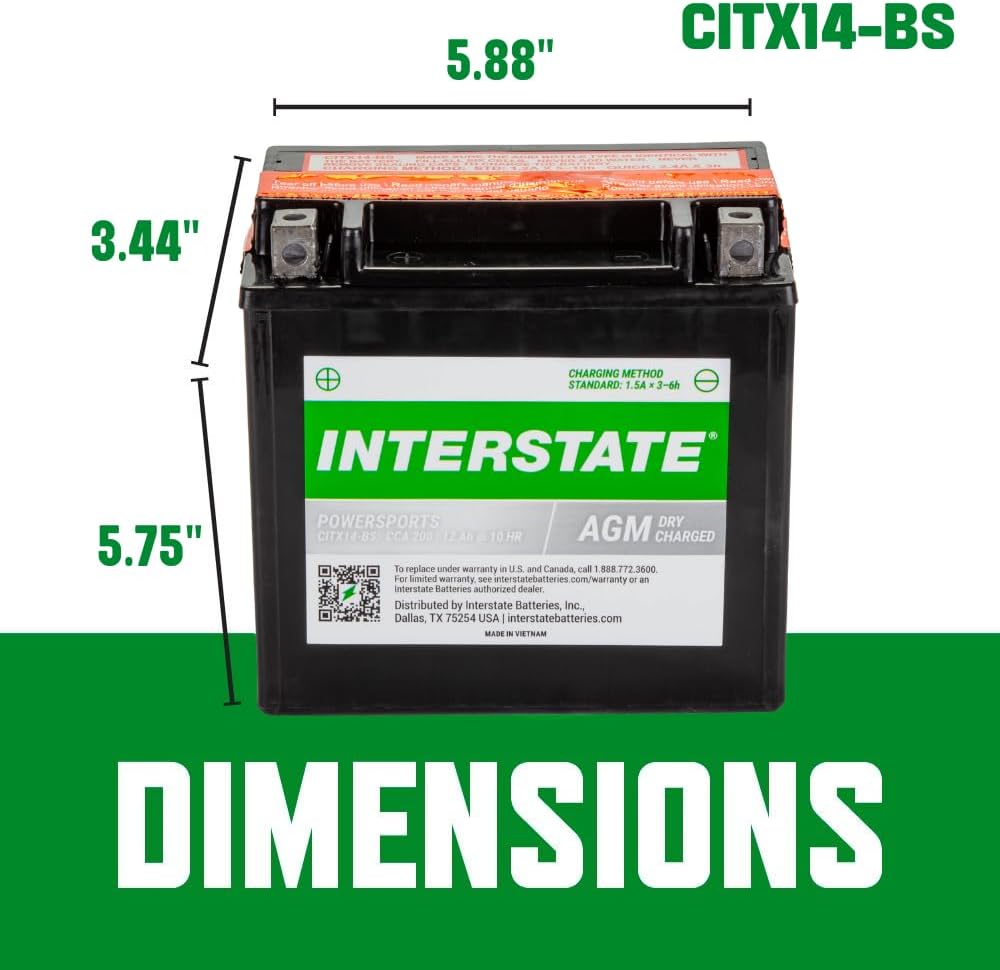 Interstate Batteries YTX14-BS 12V 12Ah Powersports Battery 200CCA AGM Rechargeable Replacement for Motorcycles, ATVs, UTVs, Scooters, Snowmobiles (CITX14-BS)