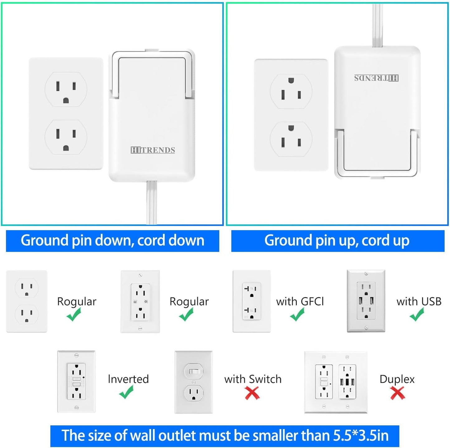 6FT Ultra-Thin Flat Plug Power Strip with 5 Outlets & 3 USB Ports | Child & Pet-Safe, 1625W, Wall-Mounted Cord Organizer, Universal Size Outlet & Plug Concealer with Cord Clips(UL Listed)