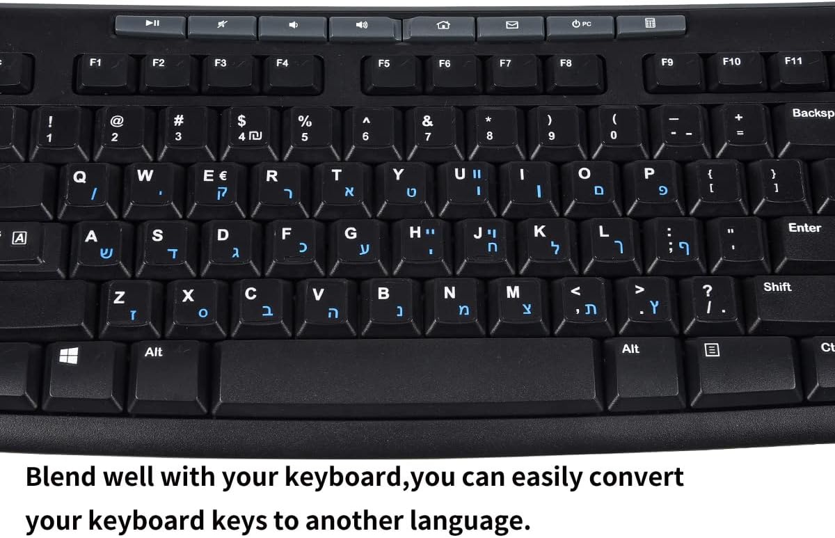 2PCS Hebrew English Keyboard Stickers Black Background with Blue Letters Replacement Stickers for PC Computer Laptop Notebook Desktop Keyboards -Each Unit: 0.43" x 0.51"