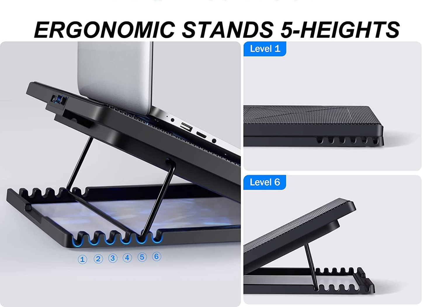 Laptop Cooling Pad 17inch 15.6 14 13 12inch Gaming Cooler Pad Chill Mat 5 Quiet Fans LED Lights and 2 USB 2.0 Ports Adjustable Mounts Laptop Stand Height Angle