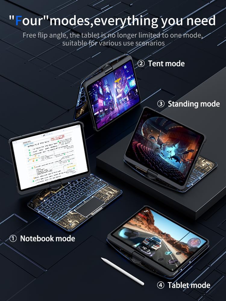 KARTICE Transparent 360 Keyboard Case with Wireless Keyboard for iPad Air 11 Inch 2024, 10.9" iPad Air 5th/4th, 11" iPad Pro 4/3/2/1 360° Rotating Stand