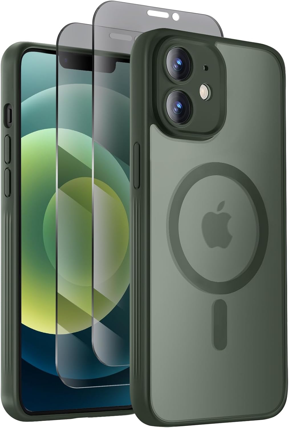Designed for iPhone 12 Case, Compatible with MagSafe, with Privacy Screen Protectors X2, [Camera Protection] [15FT Military Drop Protection] Shockproof Phone Case, 6.1", Alpine Green