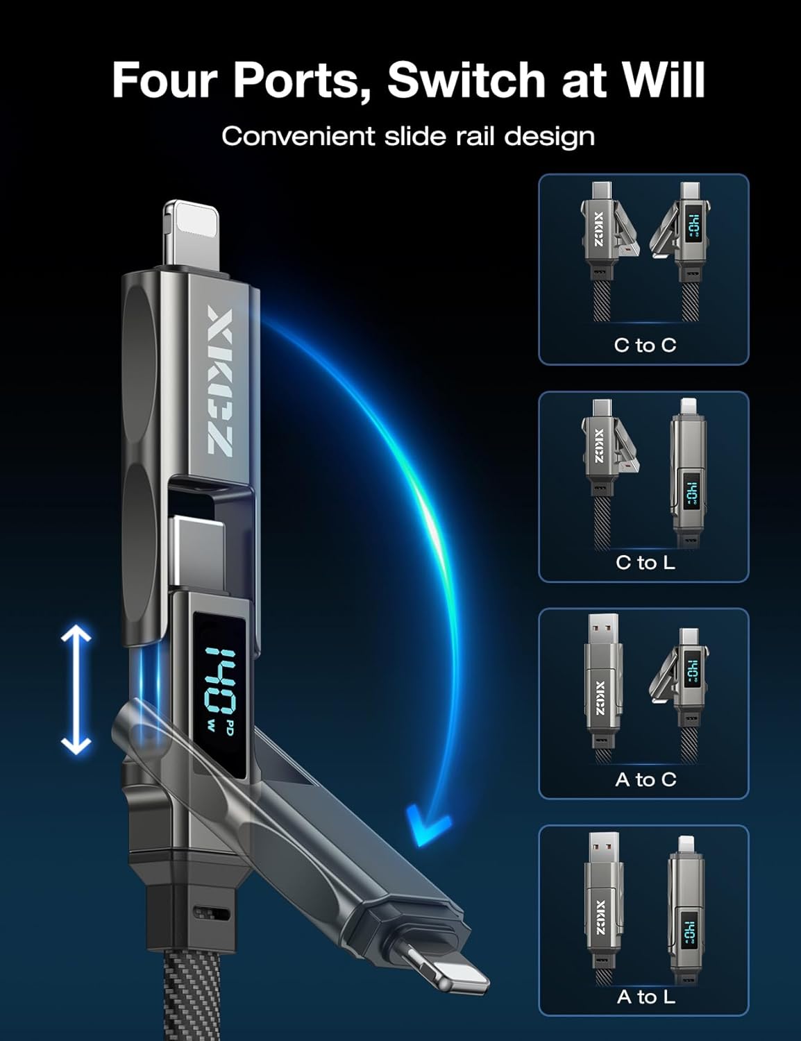 4 in 1 USB C Cable with Wattage Display, 140W Flat Nylon Braided Multi Charge Cable with Data Sync, USB C Charging Cord Combo Type C/USB A/L Port for iPhone/iPad/Samsung/Laptop, 3FT