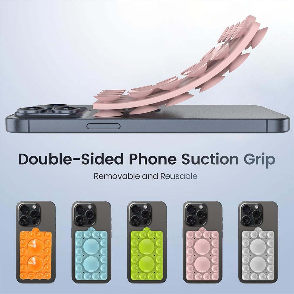 Double Sided Silicone Suction Phone Holder Mount,Compatible with iPhone and Android Cases Hands-Free Mirror Shower Phone Mount Strong Grip Holder (Light Pink, Double Sided 2PCS)