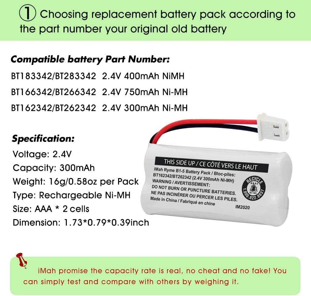 iMah BT162342/BT262342 2.4V 300mAh Ni-MH Cordless Phone Battery Pack, Also Compatible with BT183342/BT283342 AT&T EL52351 TL90070 VTech CS5119 DS6511 DS6722 LS6305 Handset, 4-Pack