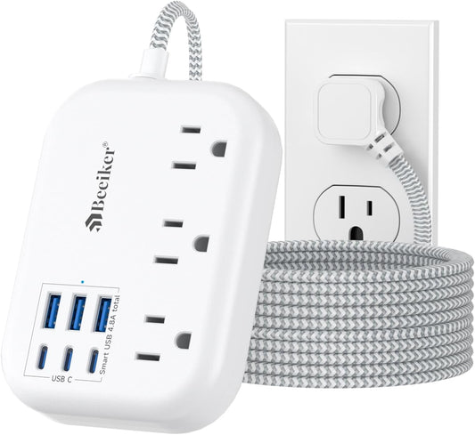 6 USB(3 USB C) Surge Protector Power Strip- Extension Cord 10 Ft with 24W USB Charging Station and 3 Outlets, Flat Plug Long Braided Extension Cord with Multiple Outlets for Home Office College Dorm