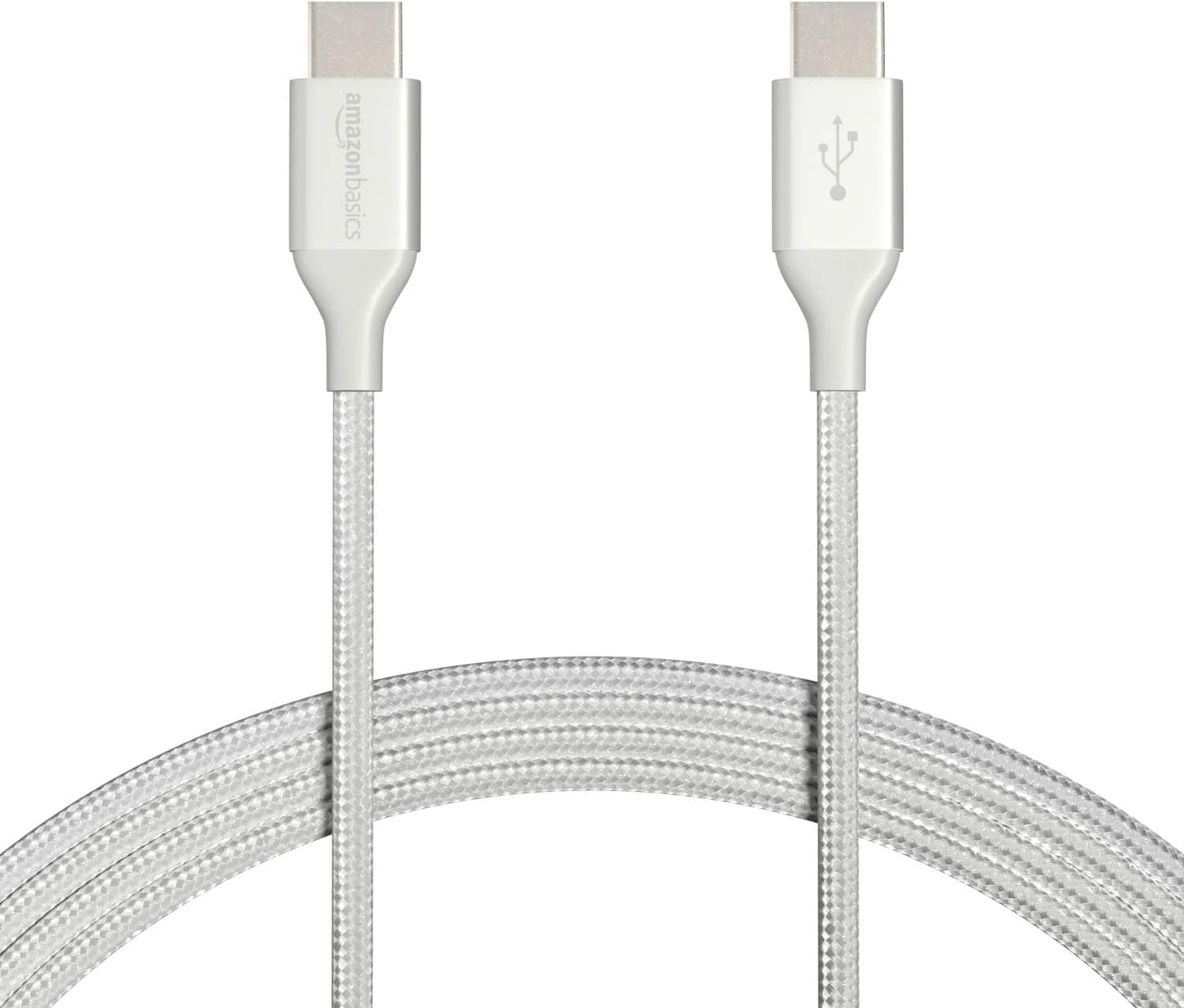 Amazon Basics USB-C to USB-C 2.0 Fast Charger Cable, Nylon Braided Cord, 480Mbps Speed, USB-IF Certified, for Apple iPhone 16/15, iPad, Samsung Galaxy, Tablets, Laptops, 10 Foot, Silver