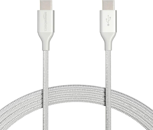 Amazon Basics USB-C to USB-C 2.0 Fast Charger Cable, Nylon Braided Cord, 480Mbps Speed, USB-IF Certified, for Apple iPhone 16/15, iPad, Samsung Galaxy, Tablets, Laptops, 10 Foot, Silver