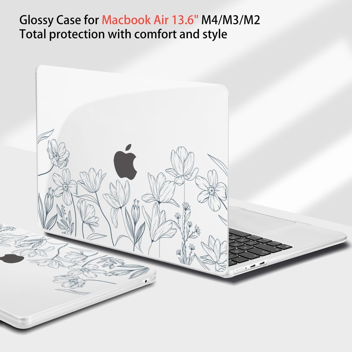 Teryeefi for 2025 2024 2023 2022 MacBook Air 13.6 inch Case M2 M3 M4 Model A3240/A3113/A2681, Glossy Plastic Hard Shell Cover with Screen Protector & Keyboard Cover & USB 3.0 Adapter, Wild Flowers