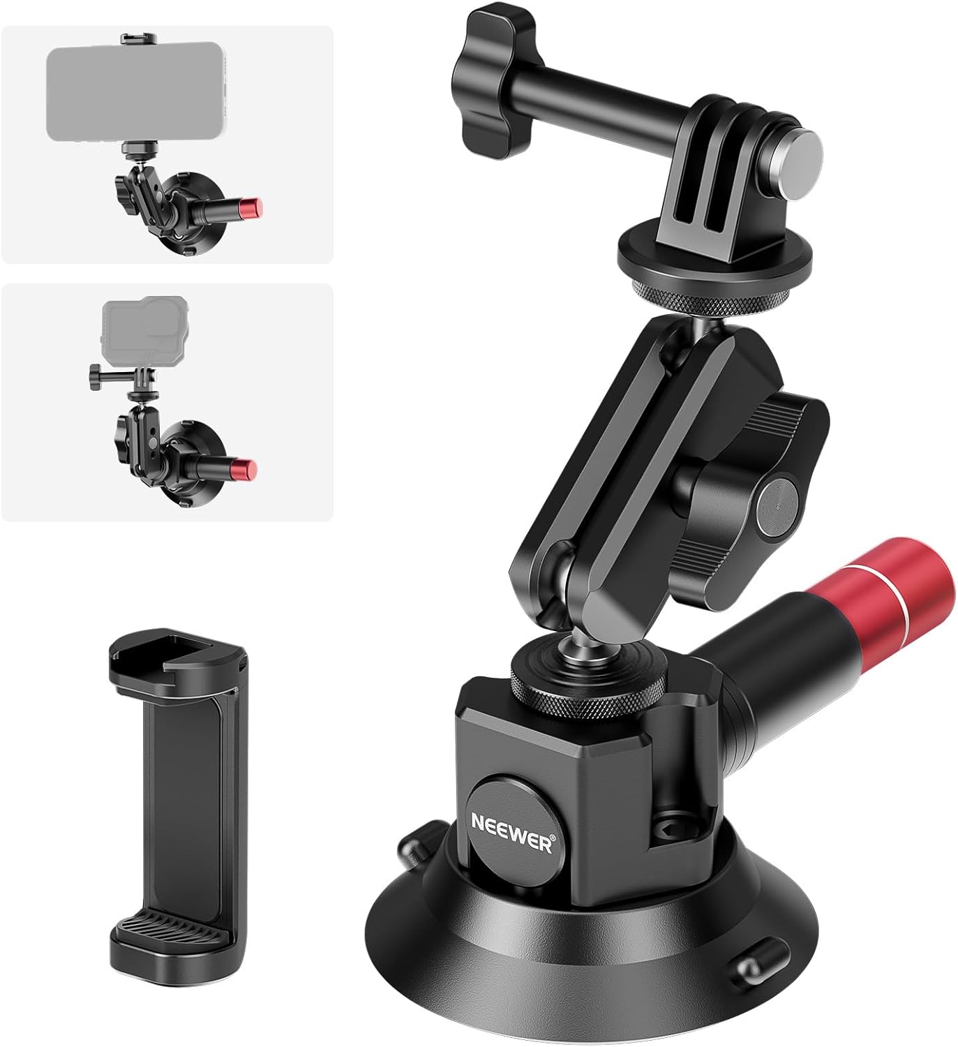 Neewer 3" Suction Cup Camera Mount Bracket with Ball Head Magic Arm, 1/4" ARRI Holes, Quick Release Car Mount with Phone Holder & Action Cam Adapter Compatible with iPhone DJI Insta360, CA104