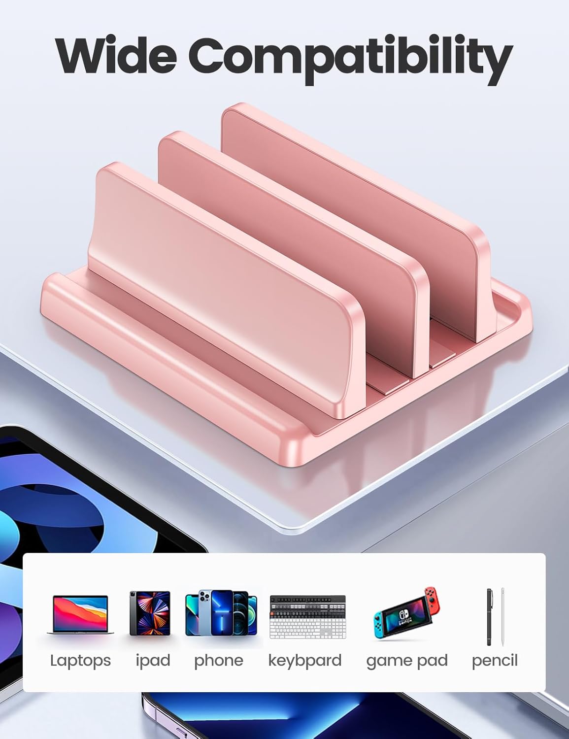 Vaydeer Vertical Laptop Stand for Desk, Dual Slots Plastic Laptop Holder with Space Saving 4-in-1 Design, Adjustable Laptop Stand Supports MacBook, Chromebook, Surface, Dell (Pink)