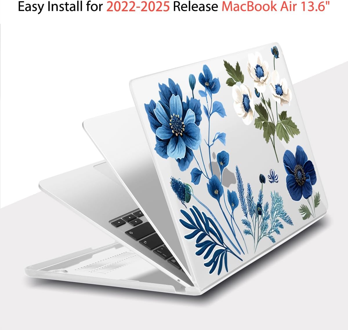Teryeefi for MacBook Air M4 M3 M2 13.6 inch Case 2025 2024-2022,Fit Model A3240 A3113 A2681, Laptop Hard Shell Cases with Keyboard Cover & Screen Protector for MacBook Air 13.6", Blue Plant Flower