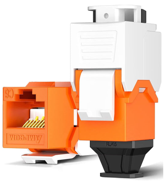 AMPCOM CAT6 RJ45 Keystone Jack - Reusable UTP Ethernet Wall Jack with Adjustable Ratchet Lock Design, No Tool and Zip Tie Required - 50u Gold Plated - Orange (2-Pack)