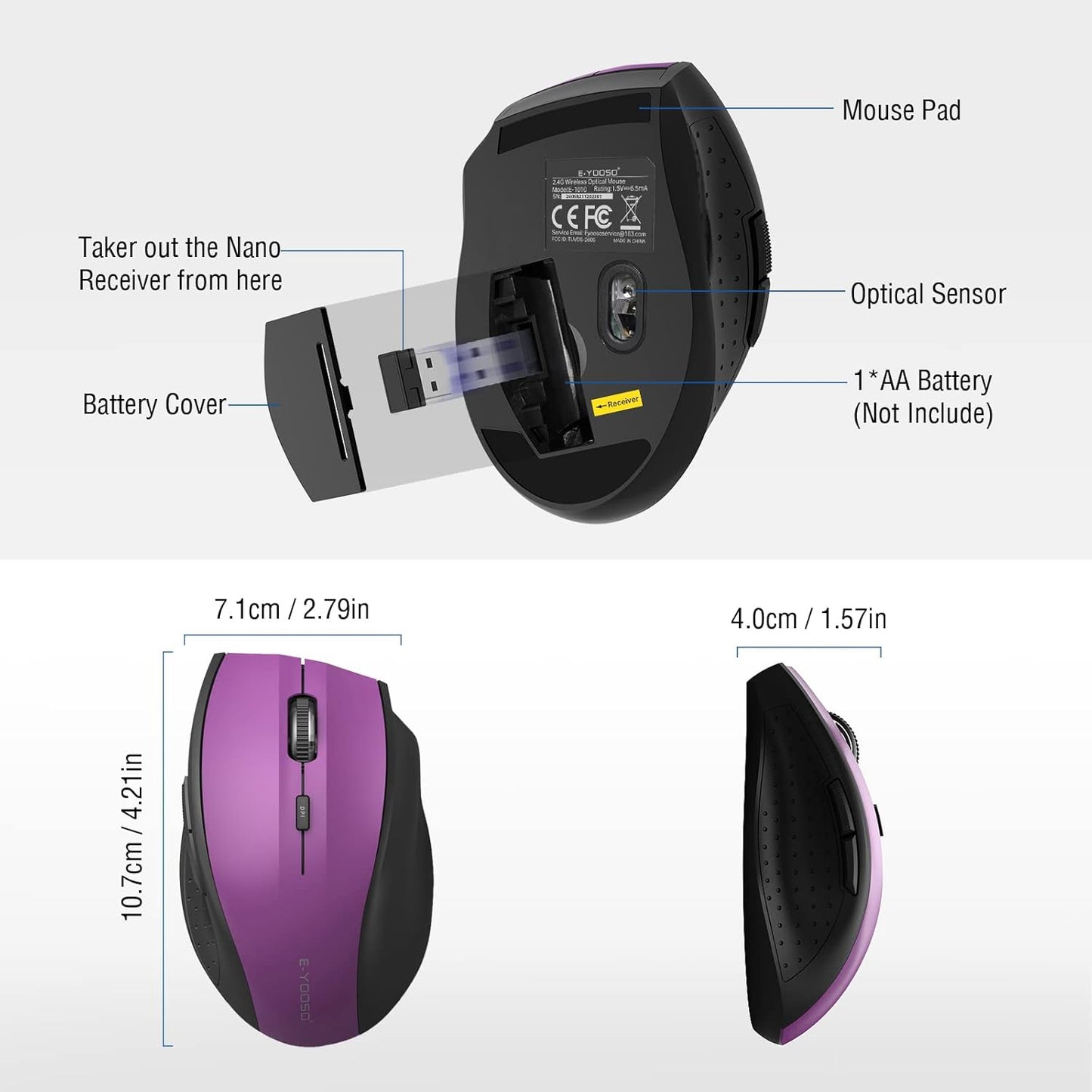 E-YOOSO Wireless Mouse for Laptop, Portable Optical Computer Mouse, 6 Buttons, Cordless 2.4GHz with USB Receiver, 5-Level 4800 DPI, 18 Months Battery Life, for PC, Chromebook, Windows, Mac(Purple)