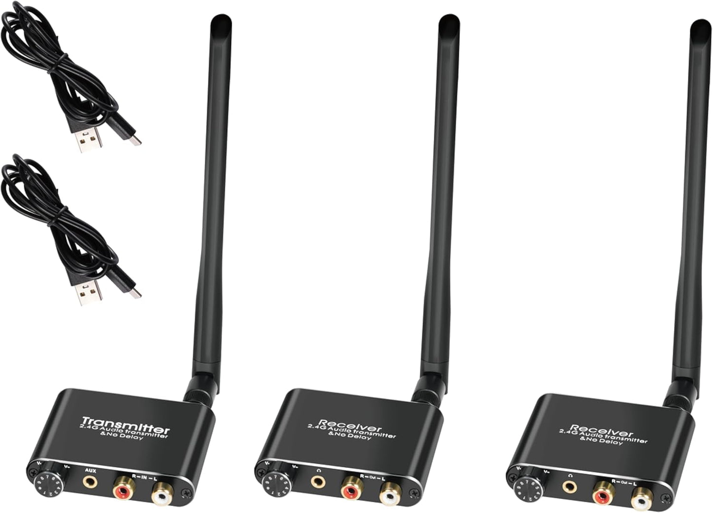 eppfun 50m/2.4G Wireless Audio Transmitter Receiver for 2 Subwoofer/Active Speaker/Power Amplifier/Home Stero, with 20ms Low Latency,192kHz/24bit HiFi, 165Feet/ RCA/3.5mm Audio (only Audio)