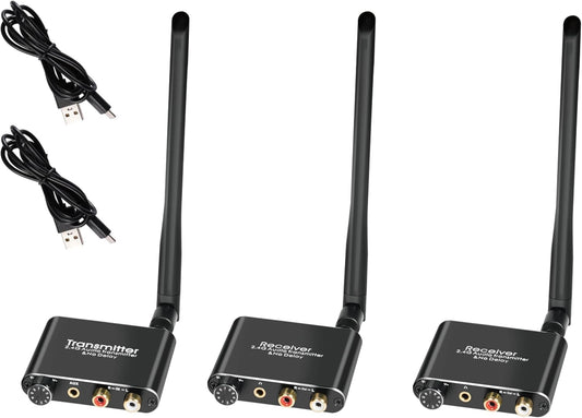 eppfun 50m/2.4G Wireless Audio Transmitter Receiver for 2 Subwoofer/Active Speaker/Power Amplifier/Home Stero, with 20ms Low Latency,192kHz/24bit HiFi, 165Feet/ RCA/3.5mm Audio (only Audio)