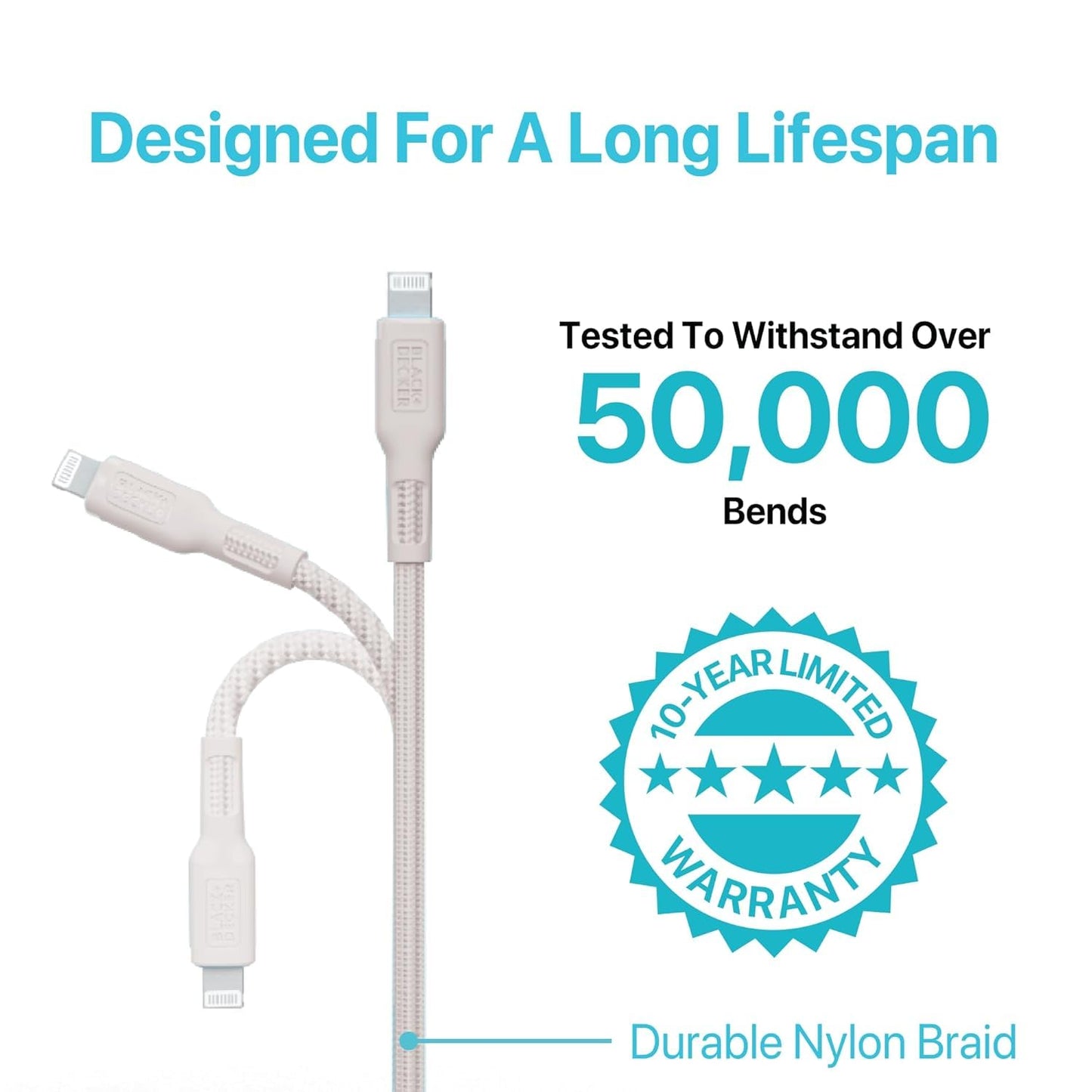 BLACK+DECKER USB C to Lightning Cable - Fast Compatible iPhone Lightning Cable - Durable Braided Type C iPhone Charger Cord - for Travel and Daily Use - Multiple Colors and Lengths - 3ft