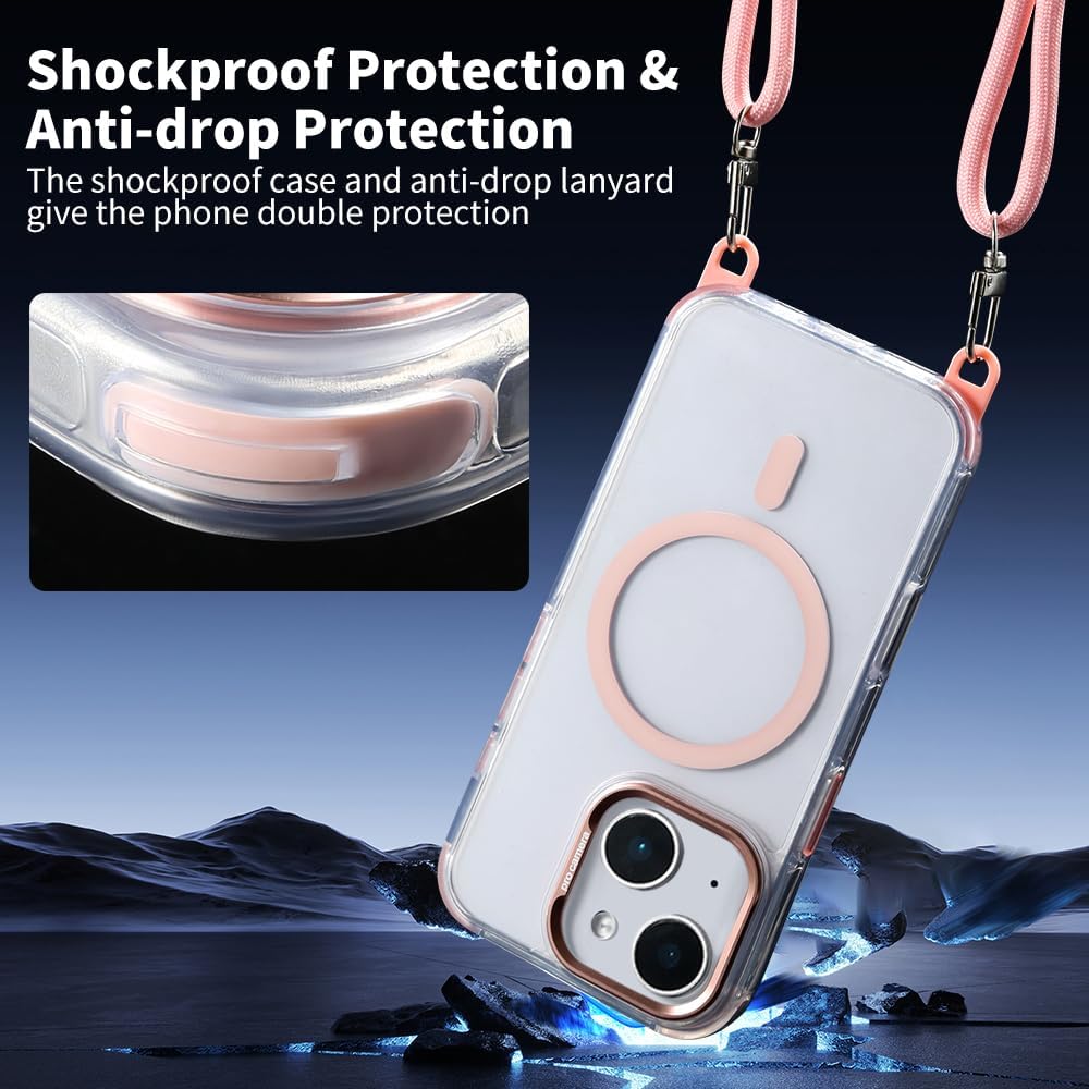 for iPhone 15 Case with 62.99 inch Lanyard, Classic Clear&Pink Magnetic Phone Case, Drop&Shockproof Protection Cases, Phone Lanyard for Around The Neck, Compatible with Magnet Accessory