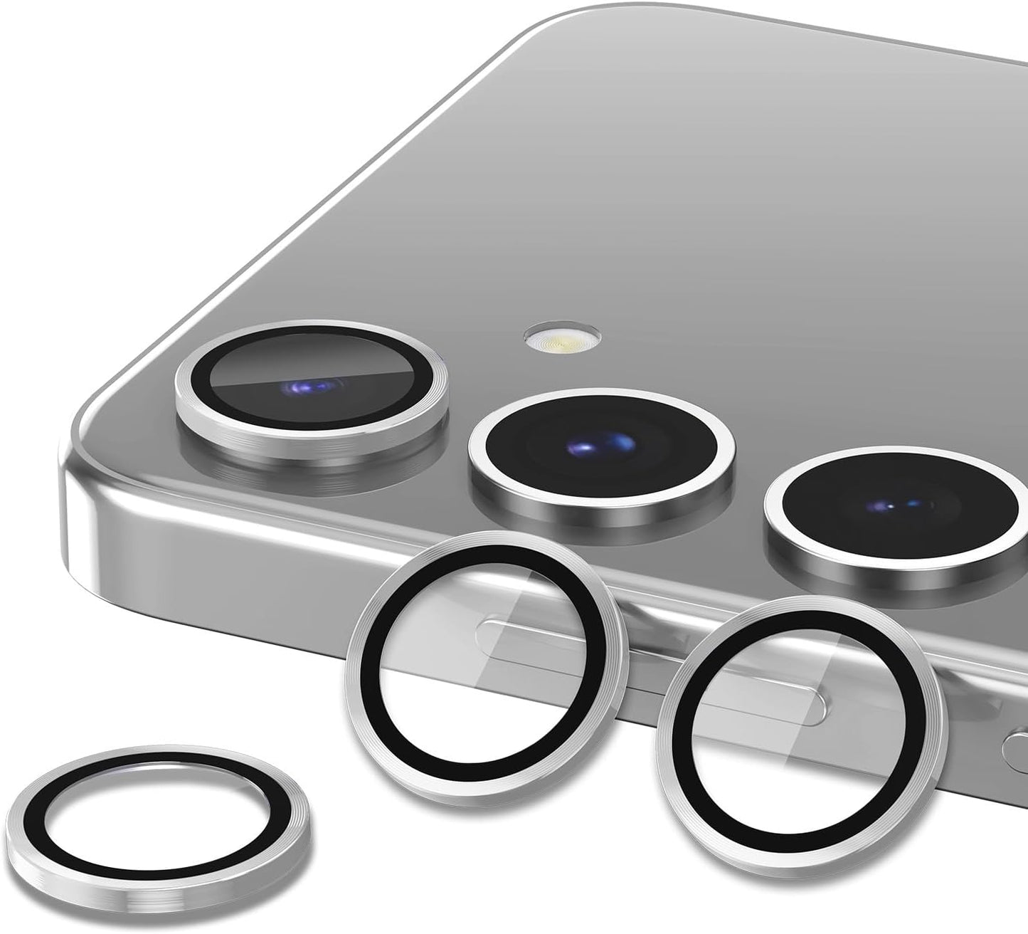 for Samsung Galaxy S25 Plus Camera Lens Protector, Individual Metal Ring Tempered Glass Lens Cover, [Strong Adsorption] Scratch Resistant Ultra-Thin HD Clear Lens Cover, 1 Set-Silvery