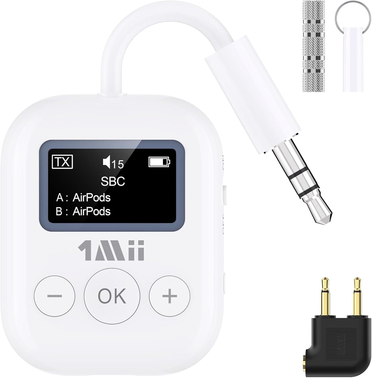 1Mii Bluetooth Transmitter for Airplane, Bluetooth 5.3 Adapter for TV,Airplane Travel Essentials, Aptx Low Latency Wireless Audio Aux for Headphones, Any 3.5mm Jack,Linking 2 Devices (White)