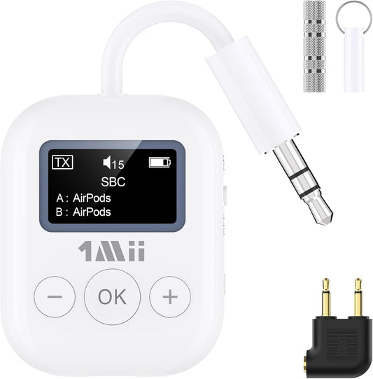 1Mii Bluetooth Transmitter for Airplane, Bluetooth 5.3 Adapter for TV,Airplane Travel Essentials, Aptx Low Latency Wireless Audio Aux for Headphones, Any 3.5mm Jack,Linking 2 Devices (White)