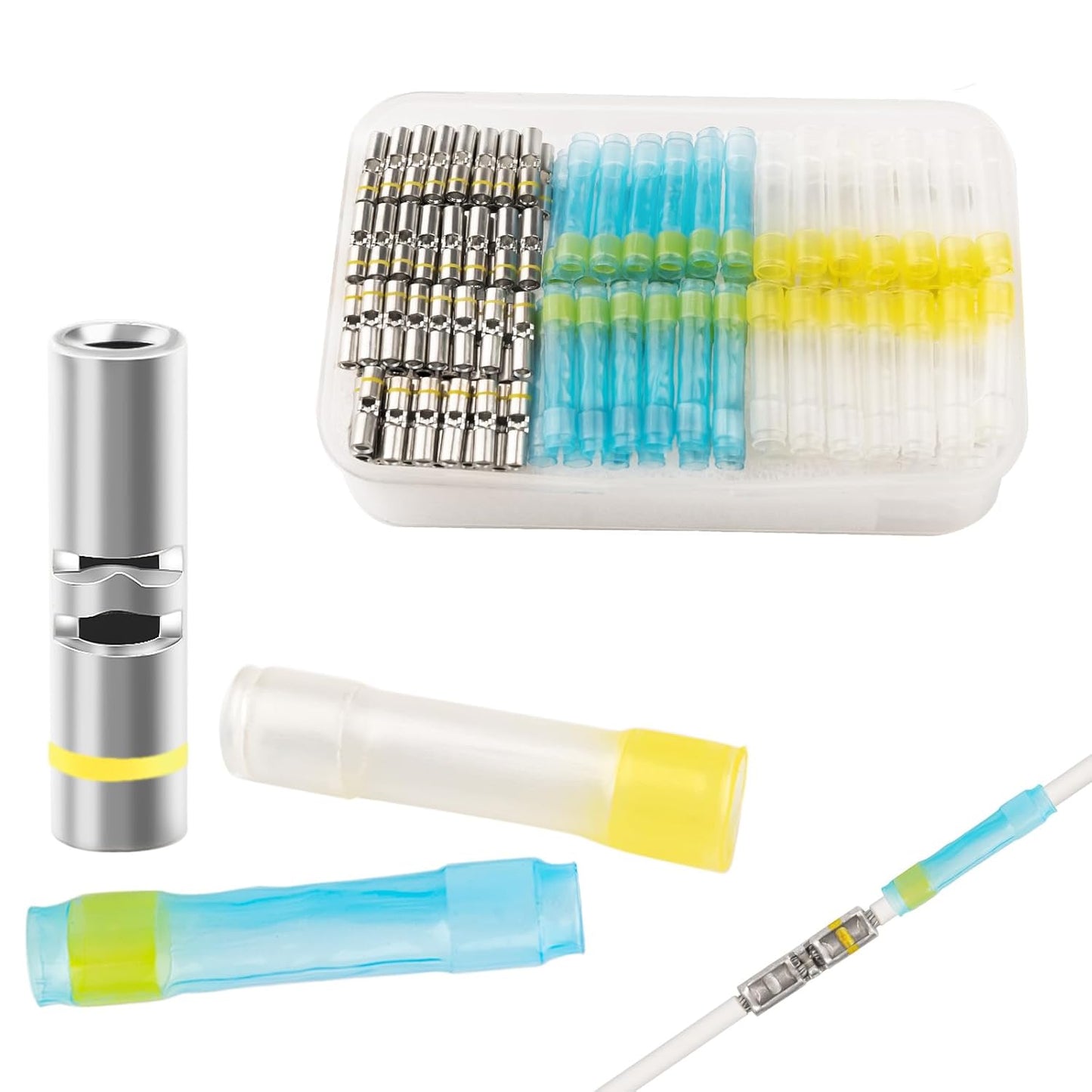 JRready ST6385-12-50 M81824/1 Series Waterproof Heat-Shrinkable Splice Yellow Butt Splice Connectors 16-12 AWG (M81824/1-3), Wire-to-Wire Splicing with Alternative Temp. PVDF/PE Tubes 50Sets