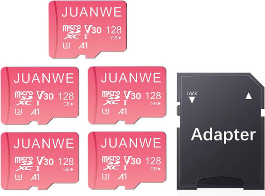 JUANWE 128GB Micro SD Card 5 Pack SD Card MicroSDXC Flash Memory Card 128 GB, A1 U3 V30 4K Video Recording 128GB TF Cards with Adapter for Phone, Dash Cam, Security Camera (5 Pack, Pink)