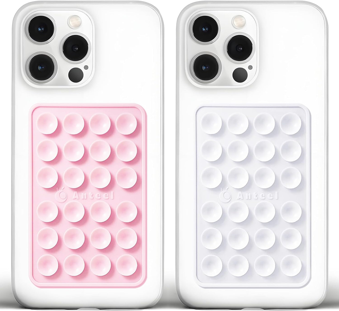 Anteel Medium-Sized Silicone Suction Phone Case Adhesive Mount, Enhanced Suction Power and Upgraded Thickened Sticky Phone Grip, Durable, Hands-Free Sticky Phone Holder, 2.28"x3.46" (LPK&WHT)