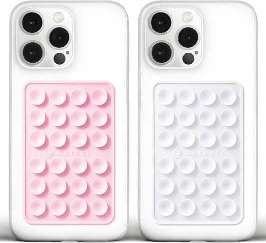 Anteel Medium-Sized Silicone Suction Phone Case Adhesive Mount, Enhanced Suction Power and Upgraded Thickened Sticky Phone Grip, Durable, Hands-Free Sticky Phone Holder, 2.28"x3.46" (LPK&WHT)